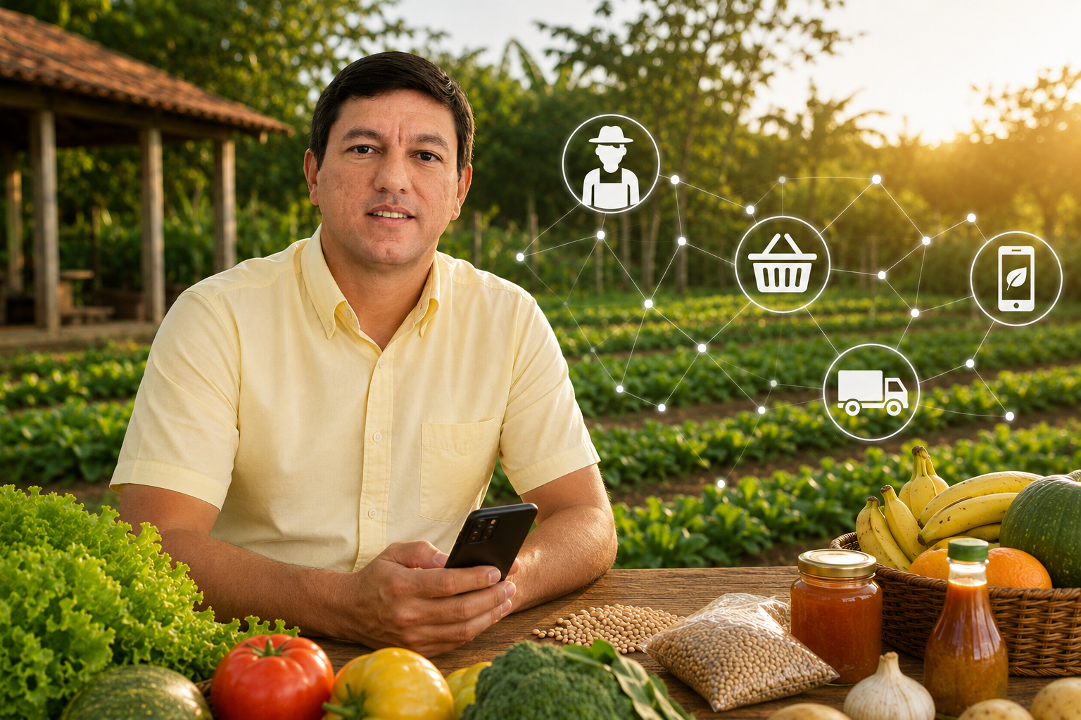 Eurico Lucas de Sousa Neto, idealizador da Nossa Colheita, em meio à produção da agricultura familiar de Pontes e Lacerda